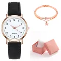 Orologio al quarzo oro rosa elegante con cinturino in pelle nera e set bracciale stella - Nero + Bracciale + Scatola