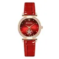 Macro detail of red leather watch strap and rose gold bezel with sparkling crystals - Watch Only / Red