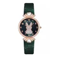 Women's green quartz watch featuring rabbit pattern and rose gold case with crystals - Green