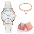 Set orologio al quarzo da donna oro rosa con bracciale a stella in scatola regalo rosa - Bianco + Bracciale + Scatola