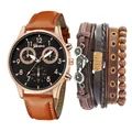 Coffret montre homme 5 pièces avec bracelet en cuir marron et bracelets punk bicyclette - Brun/Boîtier Or Rose/Cadran Noir (Avec Bracelet)