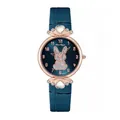 Women's watch with navy blue strap, rose gold case, and glittery rabbit pattern on dial - Blue Watch Only