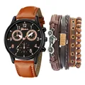 Coffret montre quartz homme et bracelet punk en cuir avec breloque de vélo - Brun/Cadran Noir (Avec Bracelet)