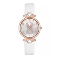 Women's quartz watch with rabbit dial, rose gold case and white leather strap - White