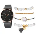 Coffret montre quartz or rose et noir avec quatre bracelets style bohème sur blanc - Bracelet Noir Boîtier Or Rose Cadran Noir Et Bracelets