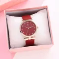 Close-up of Tadi ladies' watch with red leather strap in a pink gift box with soft pillow - Red With Box