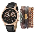 Montre homme or rose avec bracelet en cuir et 5 bracelets punk style bicyclette - Noir/Boîtier Or Rose/Cadran Noir (Avec Bracelet)