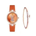 Women's quartz watch and star bracelet set with orange leather strap and bunny motif - Orange Watch And Bracelet