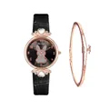 Rose gold rabbit watch set with black leather strap and sparkling heart crystal accents - Black + Bracelet