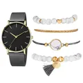 Montre femme à cadran noir avec maille et lot de quatre bracelets bohèmes en marbre - Bracelet Noir Boîtier Or Cadran Noir Et Bracelets