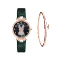 Women's quartz watch and bracelet set with emerald green strap and rabbit dial design - Green + Bracelet