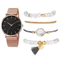 Coffret montre femme or rose avec cadran noir et quatre bracelets en perles marbrées - Bracelet Or Rose Cadran Noir Et Bracelets