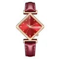 Close-up of a diamond-shaped deep red dial watch with rose gold case and leather strap - Watch Only / Red