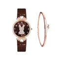 Detail of rose gold rabbit dial watch with matching star charm bracelet gift set - Brown + Bracelet