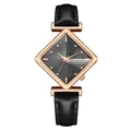 Close-up of diamond-shaped sunray dial with rose gold case and black leather strap - Watch Only / Black