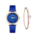 Close-up of blue starry sky watch with leaf vein leather strap and star pendant bracelet - Blue + Bracelet