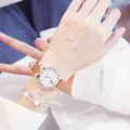 Close-up of cute cat-ear watch with brown leather strap and floral bead bracelet - Watch & Bracelet Set / Brown