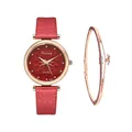 Detail of red starry sky dial watch with rose gold bracelet and rhinestone accents - Red + Bracelet