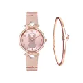 Detail of pink leather watch with rabbit motif dial and rose gold star charm bracelet - Pink + Bracelet