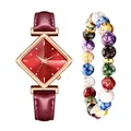 Damenuhr-Set mit einzigartigem rautenförmigem rotem Zifferblatt und buntem Perlenarmband - Rot Uhr Und Armband