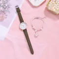 Detail of olive green leather strap watch with rose gold case and floral charm bracelet - Green + Bracelet
