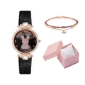 Women's quartz watch gift set with rabbit pattern dial, leather strap and star bracelet - Black + Bracelet + Box
