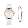 Women's star dial quartz watch and rose gold starry bracelet set with white strap - White + Bracelet