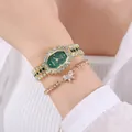 Elegant emerald quartz watch and crystal butterfly bracelet set for women in gold finish - Green + Bracelet