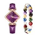 Schicke lila Armbanduhr mit Rauten-Zifferblatt und buntem Marmor-Perlenarmband - Lila Uhr Und Armband