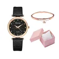 Close-up of black leather strap watch with rhinestone markers and starry dial in a gift box - Black + Bracelet + Box