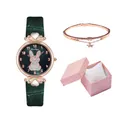 Women's rose gold watch set with crystal rabbit dial and green leather strap in a gift box - Green + Bracelet + Box