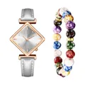 Rhombische Roségold-Uhr mit grauem Lederarmband und Perlenarmband im Set auf weiß - Weiß Uhr Und Armband