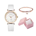 Detailed set featuring starry sky quartz watch with rose gold star charm bracelet and pink gift box - White + Bracelet + Box