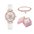 Women's quartz watch gift set with white leather strap and glitter rabbit dial pattern - White + Bracelet + Box