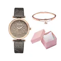 Three-piece women's starry watch set with rose gold bezel and star pendant bracelet - With Bracelet And Gift Box / Gray