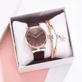 Montre femme quartz or rose avec bracelet en cuir marron et ensemble bracelet étoile - Marron + Bracelet + Boîte