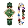 Detailansicht der Damenuhr mit grünem Rautenzifferblatt und buntem Perlenarmband-Set - Grün Uhr Und Armband