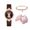 Women's brown leather watch with rabbit motif, rose gold bracelet and pink gift box set - Brown + Bracelet + Box