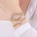 Montre à quartz dorée élégante avec strass roses et bracelet papillon assorti en parure - Rose + Bracelet