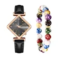 Rhombus Uhr in Roségold mit schwarzem Lederband und bunter Perlenarmband-Kombination - Schwarz Uhr Und Armband