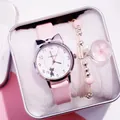 Rosa Katzenohr-Quarzuhr mit passendem Blumenarmband in einem edlen Geschenkset - Uhr Armband Geschenkbox Set / Rosa