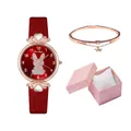 Women's watch set with red leather strap, rabbit crystal dial and star bracelet in gift box - Red + Bracelet + Box