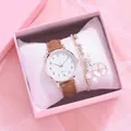 Women's minimalist quartz watch with brown leather strap and bracelet in a gift box - Brown + Bracelet + Box
