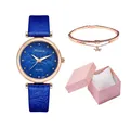Three-piece women's quartz watch set with starry blue dial and star pendant bracelet - Blue + Bracelet + Box