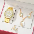 Elegantes Goldene Uhr und Tropfen-Schmuckset für Damen in einer roten Geschenkbox - Goldene Uhr Wassertropfen Halskette Ohrringe Ring (Ohne Geschenkbox)