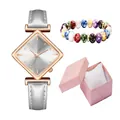 Damen-Uhr mit Rauten-Zifferblatt, grauem Lederarmband, Perlenarmband und Geschenkbox - Weiß Uhr Und Armband Und Geschenkbox