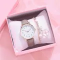 Women's minimalist quartz watch set with gray leather strap and floral bead bracelet - Grey Watch + Bracelet + Box