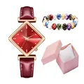 Elegante Damenarmbanduhr mit rautenförmigem Zifferblatt und rotem Lederband Set - Rot Uhr Und Armband Und Geschenkbox