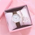 Women's quartz watch with brown leather strap and floral charm bracelet in a gift box - Green + Bracelet + Box