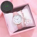 Pink women watch set with floral bracelet and luminous dial in gift box detail - Pink + Bracelet + Box